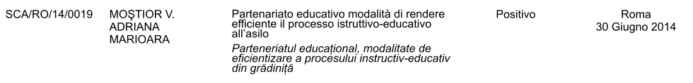 SCA/RO/14/0019 MOŞTIOR V. ADRIANA MARIOARA Partenariato educativo modalit di rendere efficiente il processo istruttivo-educativo allasilo Parteneriatul educațional, modalitate de eficientizare a procesului instructiv-educativ din grădiniță Positivo Roma 30 Giugno 2014