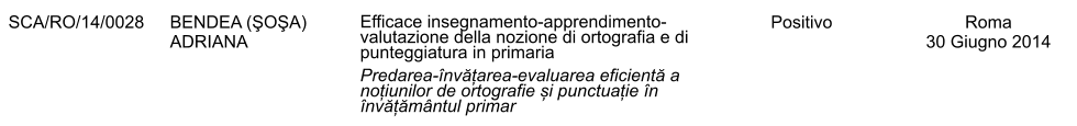 SCA/RO/14/0028 BENDEA (ŞOŞA) ADRIANA Efficace insegnamento-apprendimento-valutazione della nozione di ortografia e di punteggiatura in primaria  Predarea-nvățarea-evaluarea eficientă a noțiunilor de ortografie și punctuație n nvățămntul primar Positivo Roma 30 Giugno 2014
