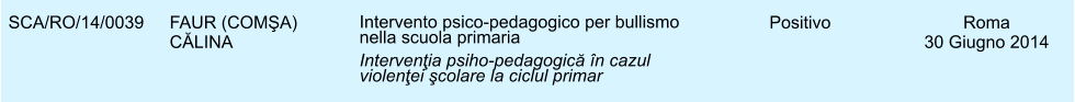 SCA/RO/14/0039 FAUR (COMŞA) CĂLINA Intervento psico-pedagogico per bullismo nella scuola primaria Intervenţia psiho-pedagogică n cazul violenţei şcolare la ciclul primar Positivo Roma 30 Giugno 2014