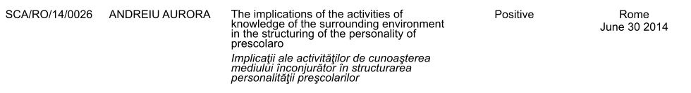 SCA/RO/14/0026 ANDREIU AURORA The implications of the activities of knowledge of the surrounding environment in the structuring of the personality of prescolaro Implicaţii ale activităţilor de cunoaşterea mediului nconjurător n structurarea personalităţii preşcolarilor Positive Rome June 30 2014