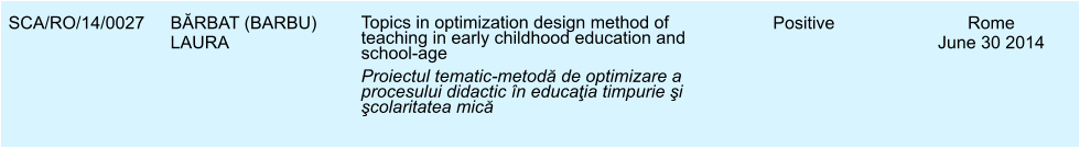 SCA/RO/14/0027 BĂRBAT (BARBU) LAURA Topics in optimization design method of teaching in early childhood education and school-age Proiectul tematic-metodă de optimizare a procesului didactic n educaţia timpurie şi şcolaritatea mică Positive Rome June 30 2014