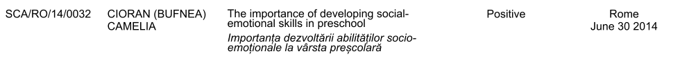 SCA/RO/14/0032 CIORAN (BUFNEA) CAMELIA The importance of developing social-emotional skills in preschool Importanța dezvoltării abilităților socio-emoționale la vrsta preșcolară Positive Rome June 30 2014