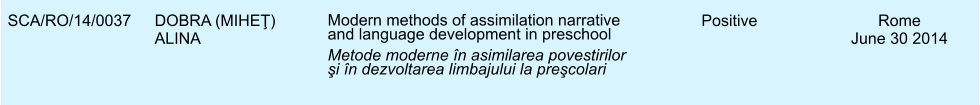 SCA/RO/14/0037 DOBRA (MIHEŢ) ALINA Modern methods of assimilation narrative and language development in preschool Metode moderne n asimilarea povestirilor şi n dezvoltarea limbajului la preşcolari Positive Rome June 30 2014