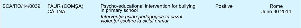 SCA/RO/14/0039 FAUR (COMŞA) CĂLINA Psycho-educational intervention for bullying in primary school Intervenţia psiho-pedagogică n cazul violenţei şcolare la ciclul primar Positive Rome June 30 2014