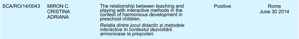 SCA/RO/14/0043 MIRON C. CRISTINA ADRIANA The relationship between teaching and playing with interactive methods in the context of harmonious development in preschool children. Relația dintre jocul didactic și metodele interactive n contextul dezvoltării armonioase la preșcolari. Positive Rome June 30 2014