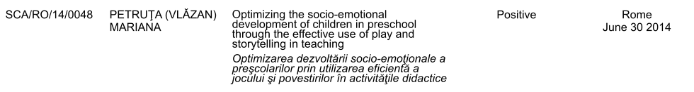 SCA/RO/14/0048 PETRUŢA (VLĂZAN) MARIANA Optimizing the socio-emotional development of children in preschool through the effective use of play and storytelling in teaching Optimizarea dezvoltării socio-emoţionale a preşcolarilor prin utilizarea eficientă a jocului şi povestirilor n activităţile didactice Positive Rome June 30 2014