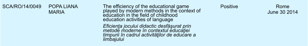 SCA/RO/14/0049 POPA LIANA MARIA The efficiency of the educational game played by modern methods in the context of education in the field of childhood education activities of language Eficienţa jocului didactic desfăşurat prin metode moderne n contextul educaţiei timpurii n cadrul activităţilor de educare a limbajului Positive Rome June 30 2014