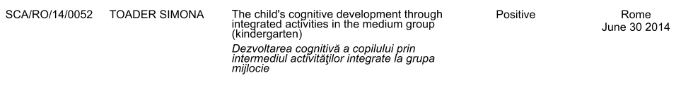 SCA/RO/14/0052 TOADER SIMONA The child's cognitive development through integrated activities in the medium group (kindergarten) Dezvoltarea cognitivă a copilului prin intermediul activităţilor integrate la grupa mijlocie Positive Rome June 30 2014