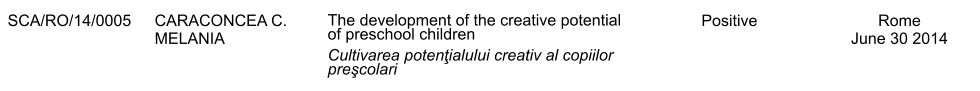 SCA/RO/14/0005 CARACONCEA C. MELANIA The development of the creative potential of preschool children Cultivarea potenţialului creativ al copiilor preşcolari Positive Rome June 30 2014