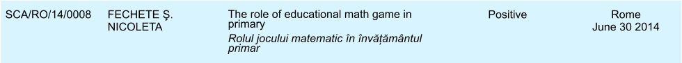 SCA/RO/14/0008 FECHETE Ş. NICOLETA The role of educational math game in primary Rolul jocului matematic n nvățămntul primar Positive Rome June 30 2014
