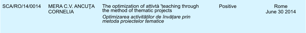 SCA/RO/14/0014 MERA C.V. ANCUŢA CORNELIA The optimization of attivt 'teaching through the method of thematic projects Optimizarea activităților de nvățare prin metoda proiectelor tematice Positive Rome June 30 2014