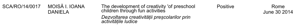 SCA/RO/14/0017 MOISĂ I. IOANA DANIELA The development of creativity 'of preschool children through fun activities Dezvoltarea creativității preșcolarilor prin activitățile ludice Positive Rome June 30 2014