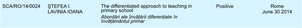 SCA/RO/14/0024 ŞTEFEA I. LAVINIA IOANA The differentiated approach to teaching in primary school Abordări ale nvățării diferențiate n nvățămntul primar Positive Rome June 30 2014