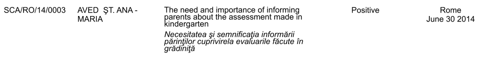 SCA/RO/14/0003 AVED  ŞT. ANA - MARIA The need and importance of informing parents about the assessment made in kindergarten Necesitatea şi semnificaţia informării părinţilor cuprivirela evaluarile făcute n grădiniţă Positive Rome June 30 2014