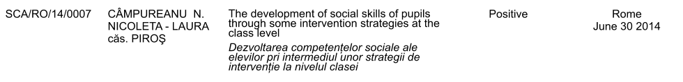 SCA/RO/14/0007 CMPUREANU  N. NICOLETA - LAURA  căs. PIROŞ The development of social skills of pupils through some intervention strategies at the class level Dezvoltarea competențelor sociale ale elevilor pri intermediul unor strategii de intervenție la nivelul clasei Positive Rome June 30 2014