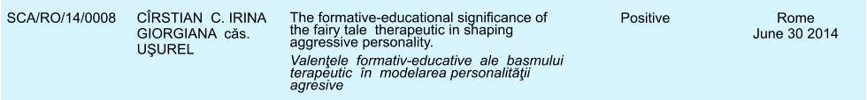 SCA/RO/14/0008 CRSTIAN  C. IRINA GIORGIANA  căs. UŞUREL The formative-educational significance of the fairy tale  therapeutic in shaping aggressive personality. Valenţele  formativ-educative  ale  basmului   terapeutic  n  modelarea personalităţii agresive Positive Rome June 30 2014