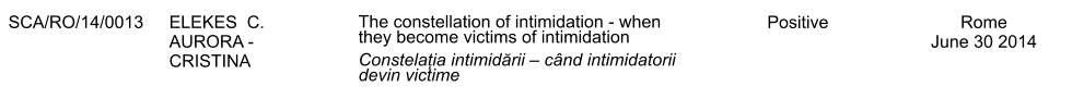 SCA/RO/14/0013 ELEKES  C. AURORA - CRISTINA The constellation of intimidation - when they become victims of intimidation Constelația intimidării  cnd intimidatorii devin victime Positive Rome June 30 2014