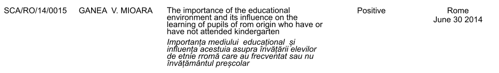 SCA/RO/14/0015 GANEA  V. MIOARA The importance of the educational environment and its influence on the learning of pupils of rom origin who have or have not attended kindergarten Importanța mediului  educațional  și influența acestuia asupra nvățării elevilor de etnie rromă care au frecventat sau nu nvățămntul preșcolar Positive Rome June 30 2014