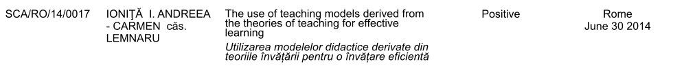 SCA/RO/14/0017 IONIŢĂ  I. ANDREEA - CARMEN  căs. LEMNARU The use of teaching models derived from the theories of teaching for effective learning Utilizarea modelelor didactice derivate din teoriile nvățării pentru o nvățare eficientă Positive Rome June 30 2014